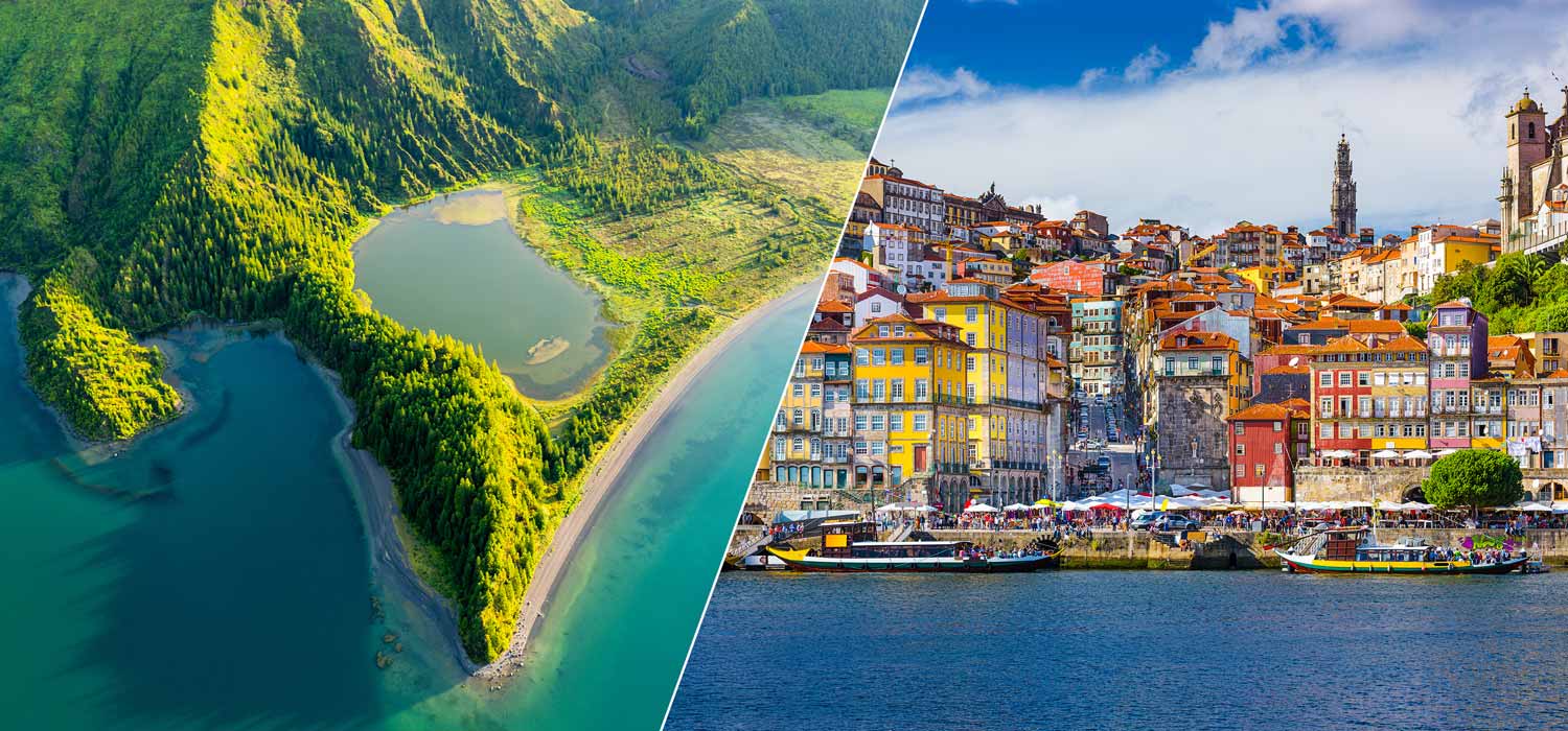 Dupla imagem, do lado esquerdo a Lagoa do Fogo e à direita Lisboa.